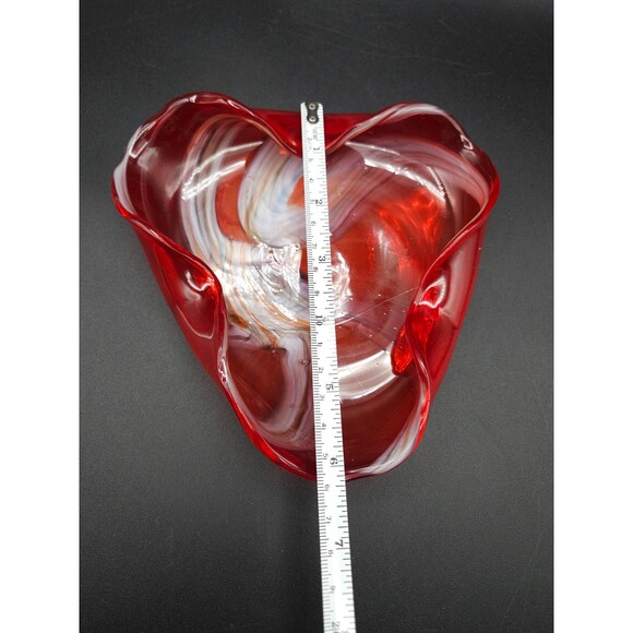 Vintage Red with White Swirl Blown Art Glass Ashtray Trinket Dish Bowl Nasco - Picture 5 of 6